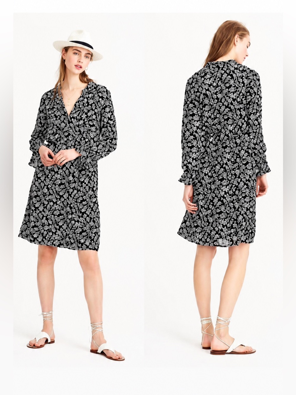 J. Crew Black & White Floral Long-Sleeve Dress
